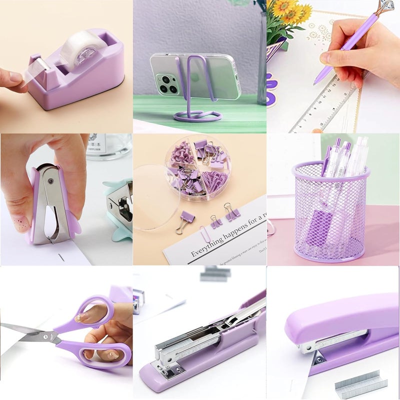 Famassi Purple Office Supplies, Purple Desk Accessories, Stapler, Staple Remover, Tape Holder, Pen Holder, Ballpoint Pen, Scissor, Binder Clips, 1000 Staples, Phone Holder, Ruler, Transparent Glue and Notes - Image 5